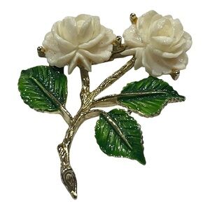 Vintage Gerrys Floral Gold Toned Brooch Cream Flowers and Green Leaves Signed 2"
